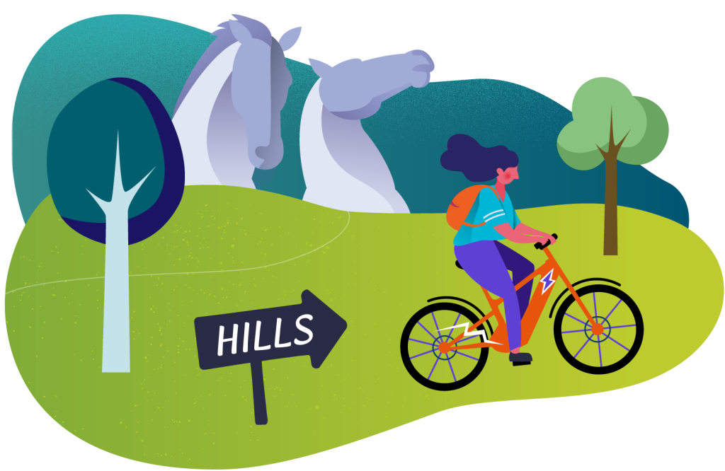 Illustration of a person cycling in a rural area